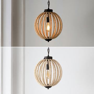 Abril 12.5" Rustic Bohemian Iron/Wood Bead LED Pendant - JONATHAN Y